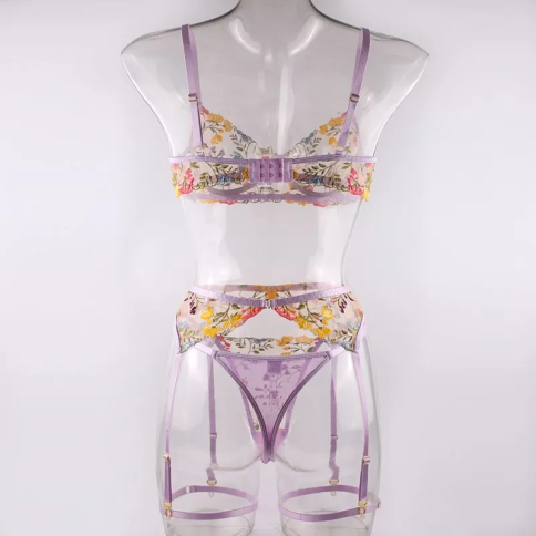 Комплект сексуального нижнего белья, с разноцветными цветами c поясом  фото 35