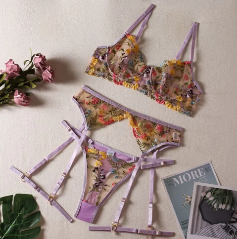 Комплект сексуального нижнего белья, с разноцветными цветами c поясом  фото 27