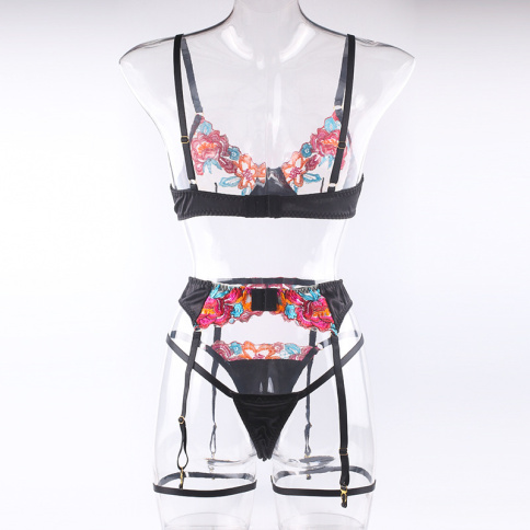 Комплект сексуального нижнего белья, черный с цветами с поясом  фото 6