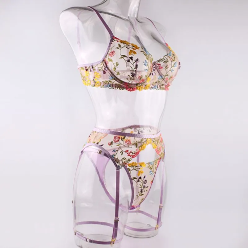 Комплект сексуального нижнего белья, с разноцветными цветами c поясом  фото 34