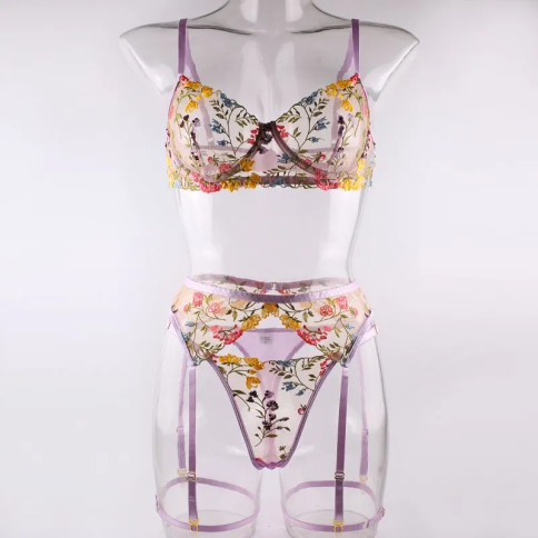 Комплект сексуального нижнего белья, с разноцветными цветами c поясом  фото 33