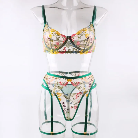 Комплект сексуального нижнего белья, с разноцветными цветами c поясом  фото 14